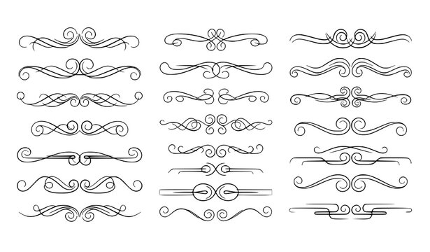 Victorian flourish line dividers vector set with decorative swirl text separators and calligraphic filigree