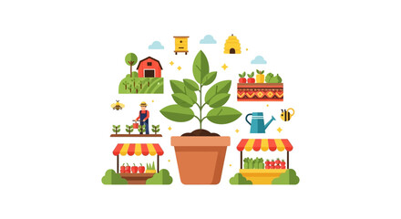 Naklejka premium Flat Design Agriculture Concept Illustration with Potted Plant, Farmer, Harvest, Organic Food Production, and Local Market Stalls.