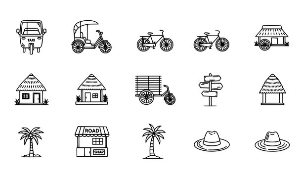 Asian village transportation outline icon pack with auto rickshaw cycle rickshaw and rural travel symbols
