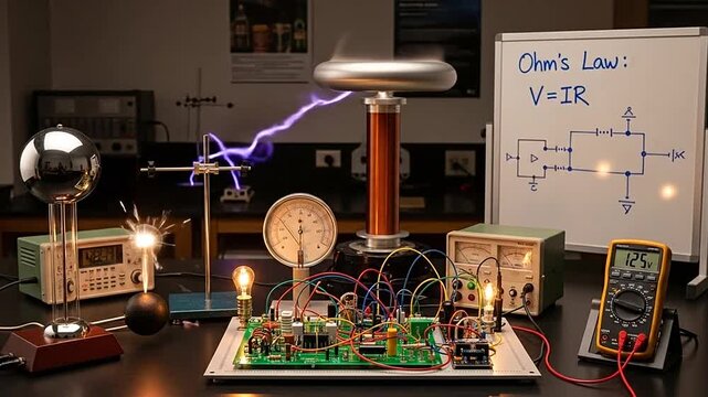 Electronics lab with Tesla coil experiment.