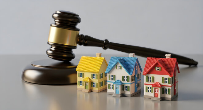 Three colorful model houses with a legal gavel in the background