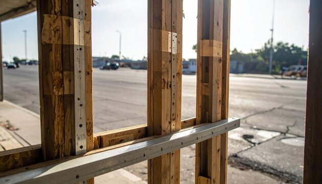 Barricaded windows with thick plywood sheets and metal bracing on an urban street.
