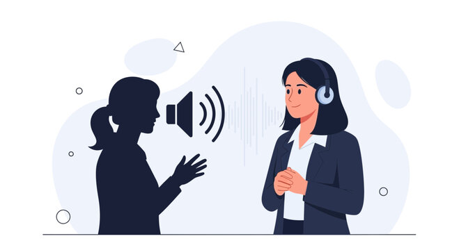 Illustration of two women communicating, one speaking with sound waves, the other listening with headphones.
