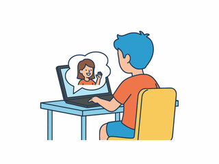 Boy using laptop for video call with girl on white background