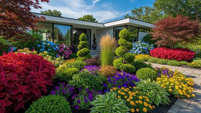 A well-manicured garden with various colorful flowers, bushes, and trees in front of a modern house
