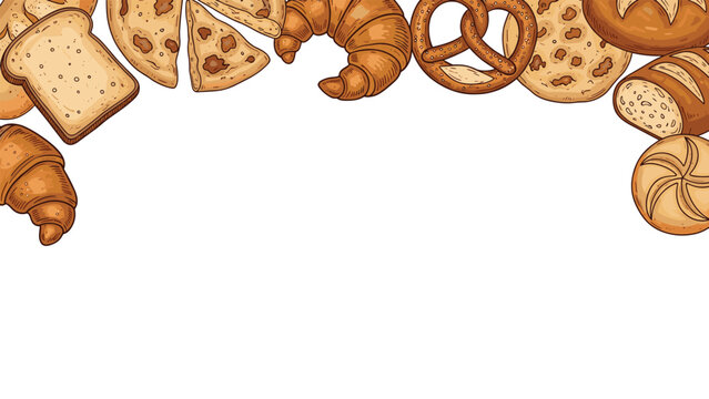 Top border made of various baked goods including bread slices, croissants, pretzels, and buns on a white background.