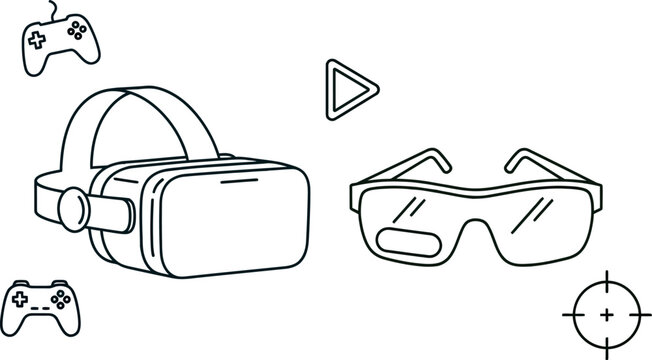 Outline icons representing virtual reality headsets, gaming controllers, 3d glasses, and aiming reticles floating on a soft gradient background.