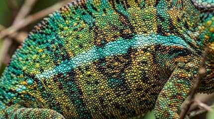 Extreme Closeup of a Chameleon Eye and Colorful Skin Texture Details
