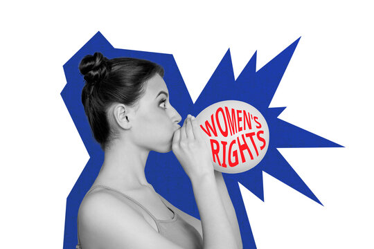 Contemporary art collage of astonished girl blow air balloon feminist rights demonstration event spring international holiday