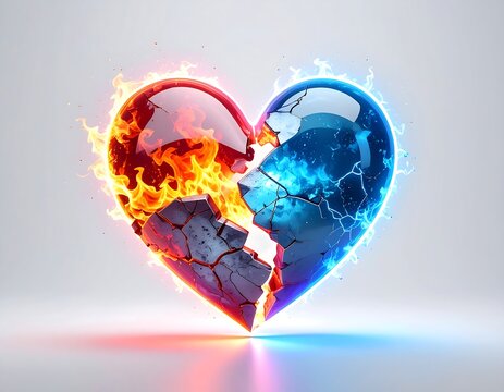 Fractured heart half ablaze in warm fire, half encased in cold blue ice; concept of contrast and emotional pain