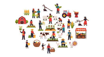 Obraz premium Agriculture and Farming Vector Icon Set. Diverse Farmers, Livestock, Harvesting, Barn, and Produce Market Flat Illustration.