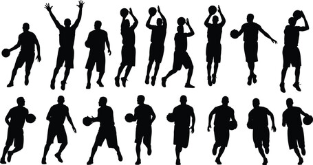 Black silhouettes of basketball players in action, dribbling, shooting, and dunking, sports athletes vector icons set isolated on white background © Foredul