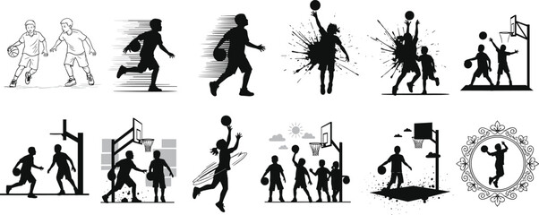 Basketball player silhouettes collection showing dribbling, shooting, dunking and playing actions, black vector set of athletes in motion for sport design © MSTMONIRA