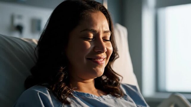 Close-up portrait of a smiling young woman in a hospital gown sitting on a bed in a clinical setting with soft natural lighting.