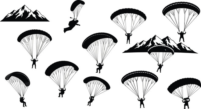 Black silhouette paraglider and skydiver icons set with mountain landscape, extreme adventure sports symbols for skydiving, paragliding, and outdoor recreation. (20 words)