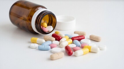 Spilled Pharmaceutical Pills and Capsules from Brown Glass Medicine Bottle