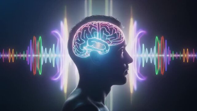Conceptual digital illustration of human brain and sound waves
