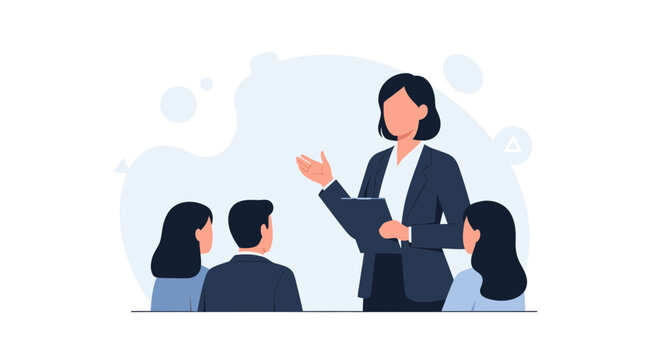 Businesswoman presenting to audience, team meeting, corporate training, presentation skills