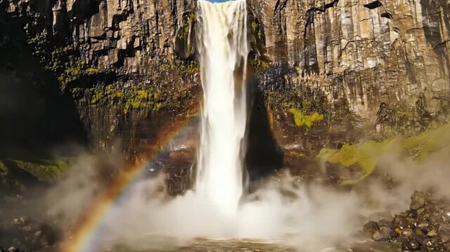 majestic icelandic waterfall with vibrant rainbow and basalt columns