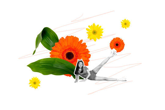 3d sketch poster trend collage of happy girl wear vintage roller-skates gerbera flower bloom park walk chrysanthemum blossom