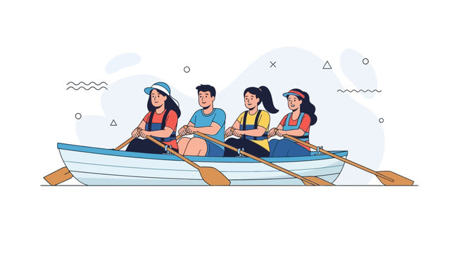 Team Rowing Boat: Four Friends Enjoying Outdoor Activity on Water