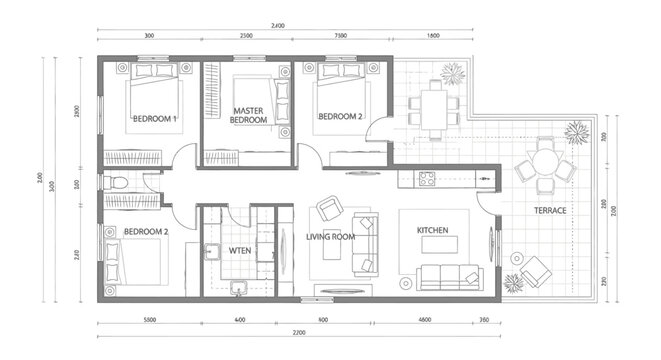 Elongated architectural floor plan of a modern house featuring multiple bedrooms, living room, kitchen, and an integrated outdoor terrace on an isolated white background.