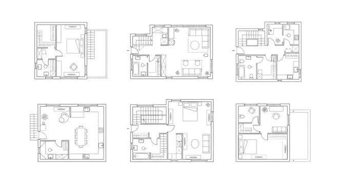 Collection of various apartment and house floor plan layouts on an isolated white background.