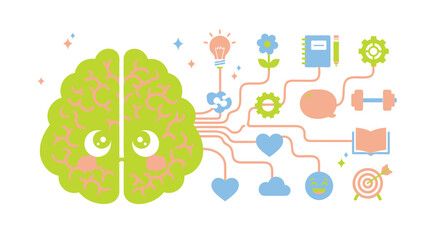 Vector illustration of a brain with creative and technology icons