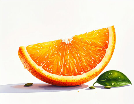 Vibrant watercolor illustration of a fresh, juicy orange slice, showcasing its bright citrus pulp and natural seeds, perfect for healthy concepts