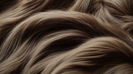 Naklejka premium Extreme close up macro view of luxurious soft wavy layered deep brown chocolate colored human hair texture with subtle highlights and shadows showcasing intricate strands