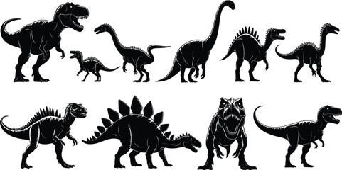 Silhouette Collection Of Various Dinosaur Species On White Background prehistoric ancient © It's Sahed