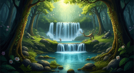 Enchanted Forest Waterfall with Mythical Creatures in Lush Nature © Darul
