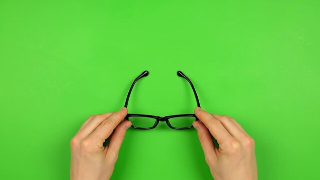 Top down view of hands holding eyeglasses on a vibrant green background showcasing a simple clean aesthetic for optical