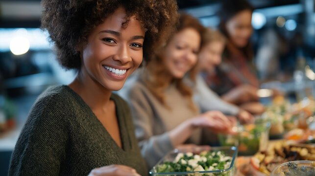 Multicultural women sharing meal prep Sunday ritual in bright community kitchen, laughing while portioning balanced lunches into glass containers, building supportive accountability friendships,