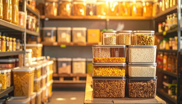 Abundant food items stacked neatly in clear containers on shelves within a well-organized pantry or store