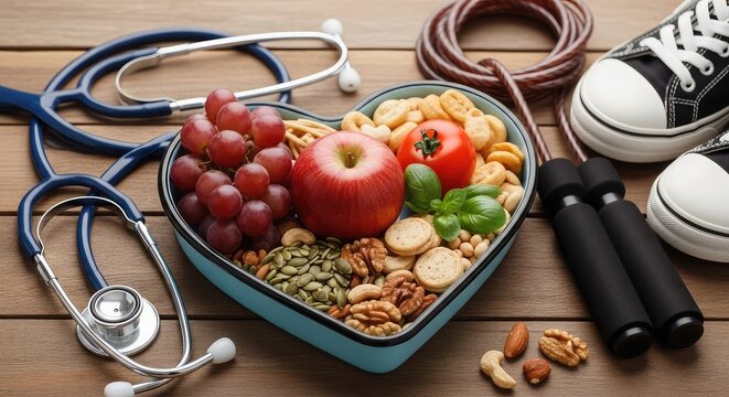 Healthy lifestyle choices with heart shaped food and fitness equipment