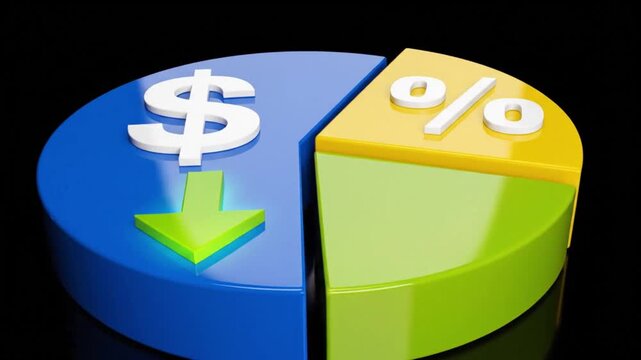 Dynamic 3d animation showing pie charts with dollar signs and percentage symbols indicating financial decrease
