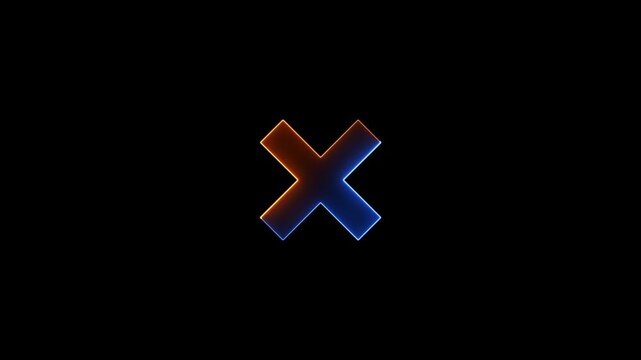 Glowing neon cross mark icon video motion animation on black background, symbolizing error, cancel, wrong, or close actions. Glow mask cross animation. Cross animation. 4k video animation