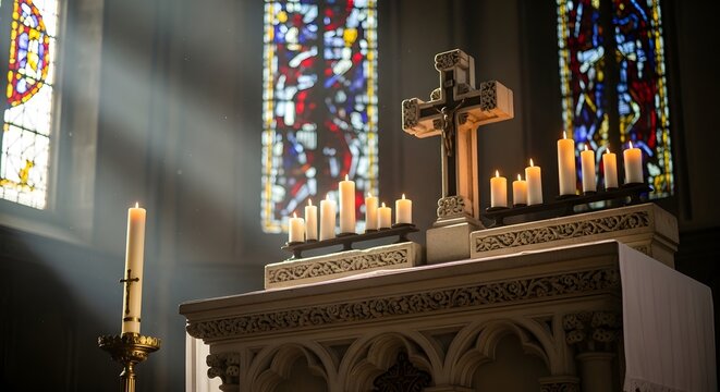 A serene church interior with a crucifix and candles on the altar