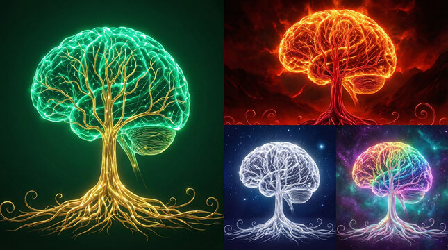 Abstract Brain Tree Concept Art with Neural Network Branches and Roots in Multiple Color Variations