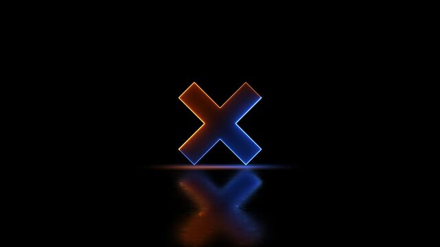 Glowing neon cross mark icon video motion animation on black background, symbolizing error, cancel, wrong, or close actions. Glow mask cross animation. Cross animation. 4k video animation