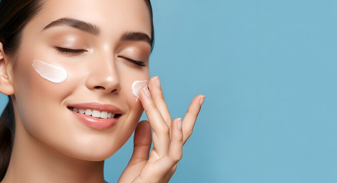 Skincare beauty woman applying face cream for hydration glowing healthy skin cosmetic facial treatment natural skincare routine concept