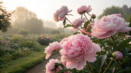 Fototapeta premium Soft Pink Peonies Blooming in a Misty Morning Garden