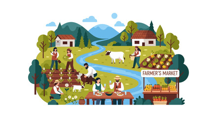 Naklejka premium Flat Vector Illustration of Sustainable Farm Life and Local Farmer's Market Scene. Agricultural Community Harvesting Crops and Selling Produce.