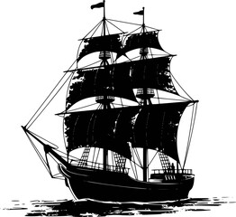Black silhouette of a sailing ship with full sails choppy water white © Saif