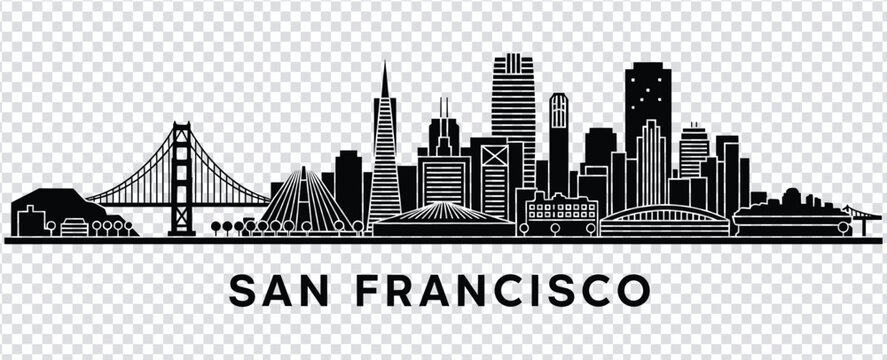 Vector illustration san francisco city skyline with golden gate bridge in black silhouette