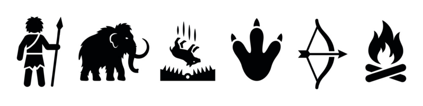 Collection of prehistoric era icons including a caveman, mammoth, trap, footprint, bow, and campfire.