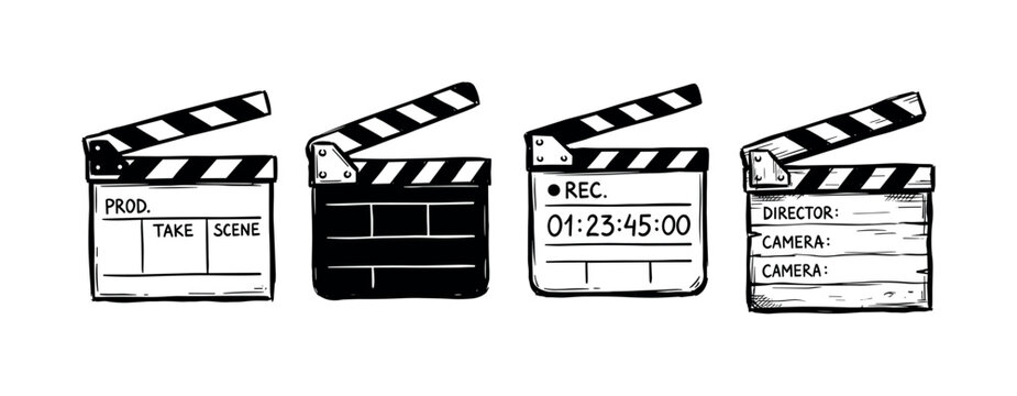 Four hand-drawn film clapperboards in various styles, depicting production, scene, digital timecode, and director information for movie making.