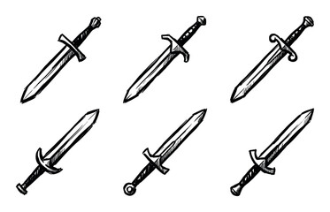 Naklejka premium Six hand-drawn sketch-style swords with various hilt and blade designs are arranged diagonally.