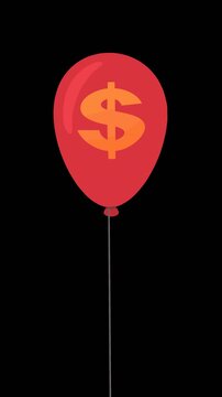 Red balloon with dollar sign rising, symbolizing inflation, wealth, and market growth. Chroma key green screen with alpha channel. (loopable)